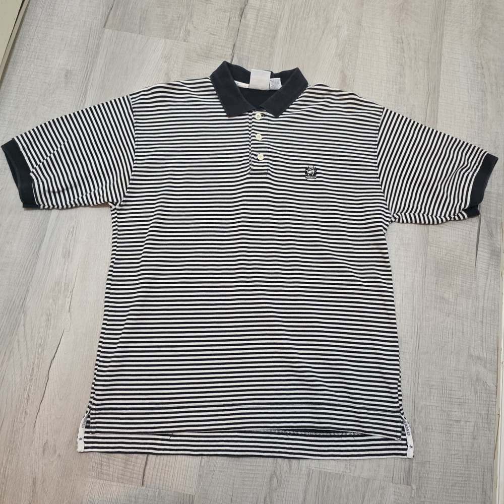 Vintage Cinch Up Mens Polo Shirt Large B&W Striped Cotton Short Sleeve Western